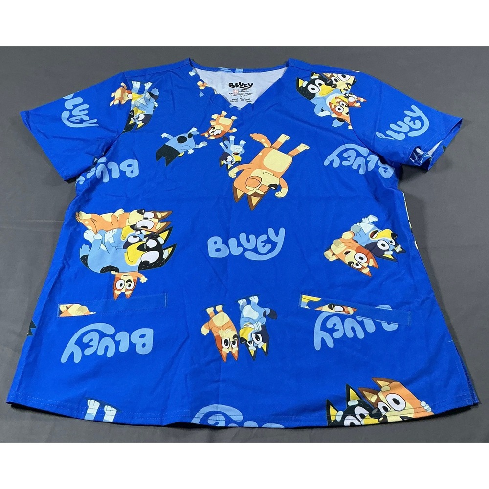 Bluey Character Medical Scrub Top Blue V-Neck Short Sleeve Pockets Size L